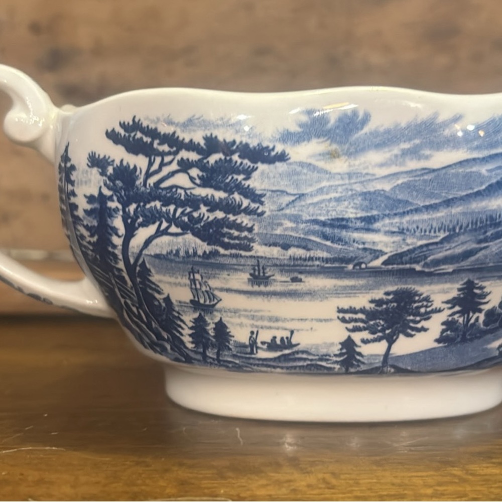Staffordshire Liberty Blue LaFayette Landing at West Point Gravy boat